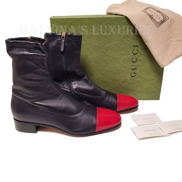 GUCCI MENS BOOTS DARK BLUE LEATHER RED LIZARD TOE ANKLE BOOTIES sz 11 11.5 - Picture 6 of 16